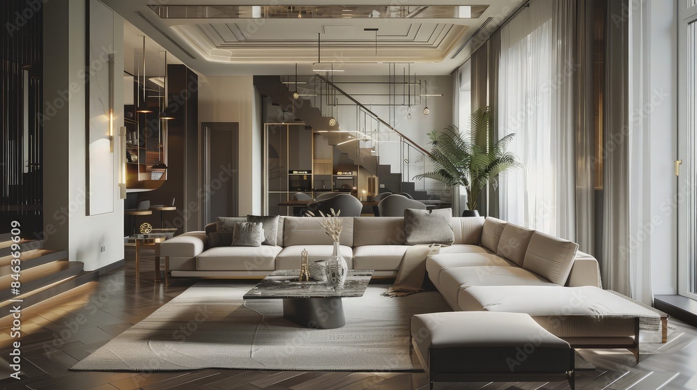 Fototapeta premium Luxurious open-plan living room featuring a large sectional sofa, dark marble floors, and an elegant staircase provides an upscale marketing setting.