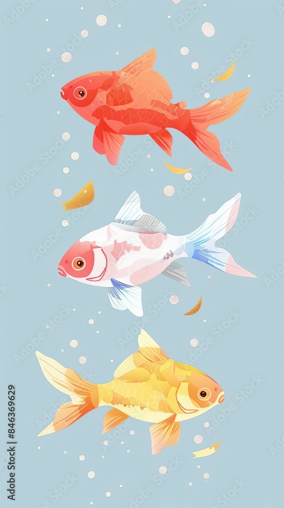 Three goldfish are swimming in a blue water. The goldfish are orange, white, and yellow. Three goldfish are swimming in a blue water. The goldfish are orange, white, and yellow.