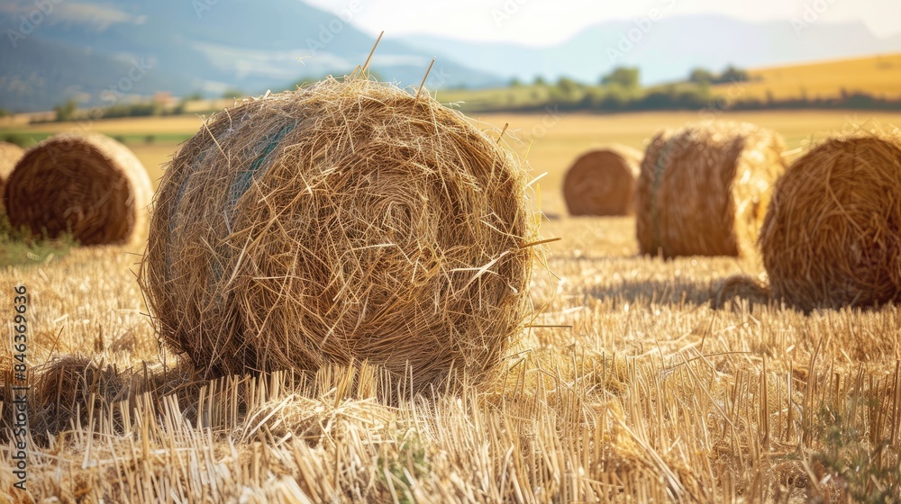 Bales of straw are piled up in the field Bales of straw are piled up in the field