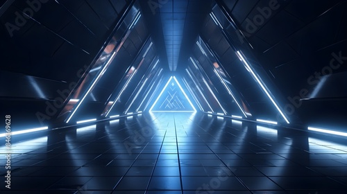 Fototapeta Naklejka Na Ścianę i Meble -  Futuristic Cyber Tunnel with Luminous Triangle Metal Structures and Dark Corridor Interior
