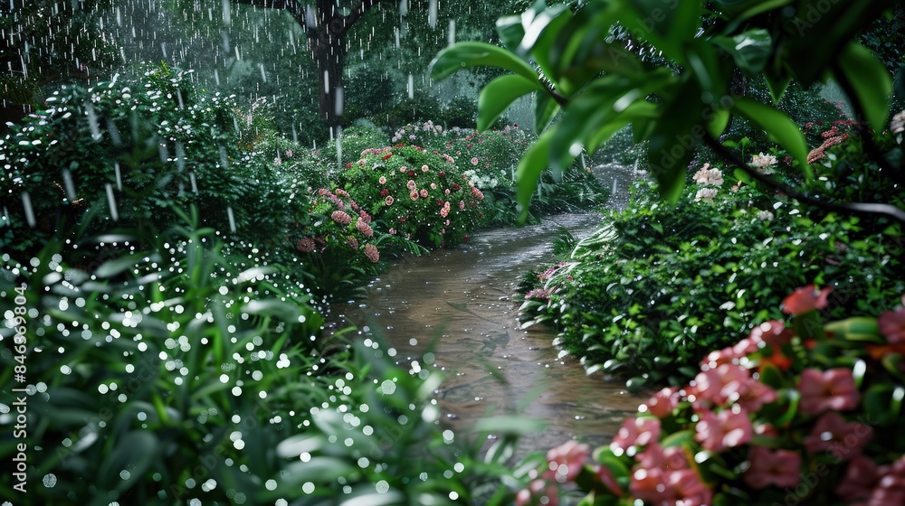 Fototapeta premium Envision a serene cottage garden, where raindrops delicately cascade over dense foliage and blooming flowers. The garden paths wind through the lush greenery