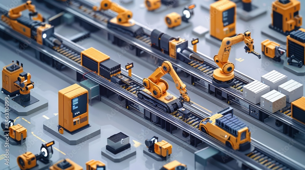 Factory automation of production processes, AVG and other intelligent machine handling, illustration form. isometric, 3D. Generative AI. Factory automation of production processes, AVG and other intelligent machine handling, illustration form. isometric, 3D. Generative AI.
