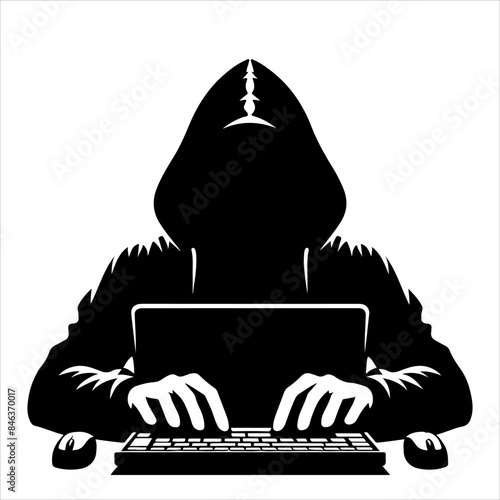 Hackers in a black hood icon. Cybercriminal at a laptop. Process of stealing user personal data. Internet phishing. Hackers attack.