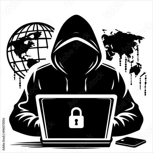 Hackers in a black hood icon. Cybercriminal at a laptop. Process of stealing user personal data. Internet phishing. Hackers attack.