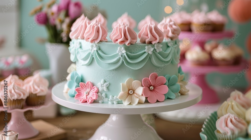 A cake with pink and blue frosting A cake with pink and blue frosting