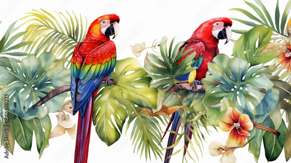 Tropical exotic pattern with parrots and colorful flowers with isolated white background Tropical exotic pattern with parrots and colorful flowers with isolated white background