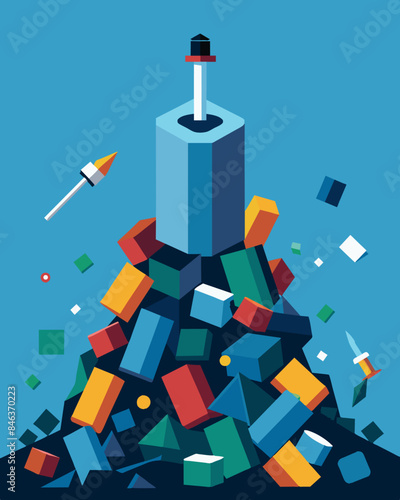 Pieces of plastic and metal peeked out from the top of the landfill like a grotesque game of Jenga.. Vector illustration