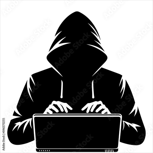 Hackers in a black hood icon. Cybercriminal at a laptop. Process of stealing user personal data. Internet phishing. Hackers attack.