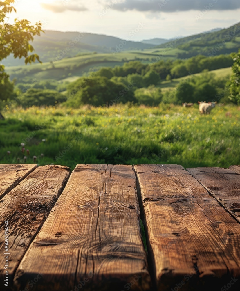 rustic mockup, layout. an empty table top made of planks in a field against a blurred background of cows in a pasture. rural area, livestock grazing. rustic mockup, layout. an empty table top made of planks in a field against a blurred background of cows in a pasture. rural area, livestock grazing.