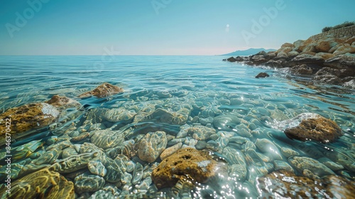 A crisp, clear view of a Mediterranean rocky beach, the water shimmering with reflections of the sky, providing a tranquil and pristine natural setting.
