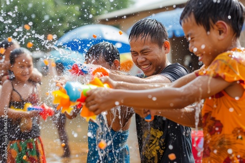 Boun Pi Mai (Lao New Year) in Laos: Capture a family splashing water on each other and exchanging blessings during the joyful water festival of Boun Pi Mai, with children wielding water guns photo
