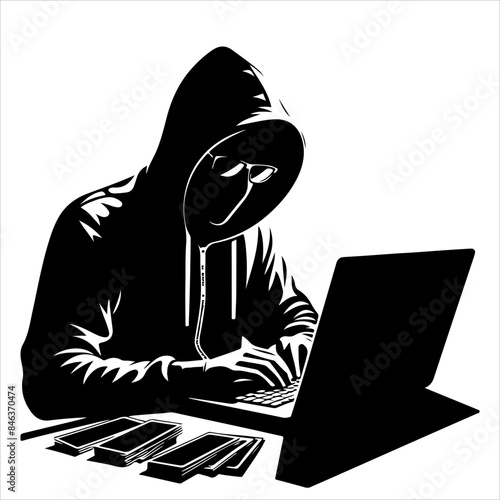 Hackers in a black hood icon. Cybercriminal at a laptop. Process of stealing user personal data. Internet phishing. Hackers attack.