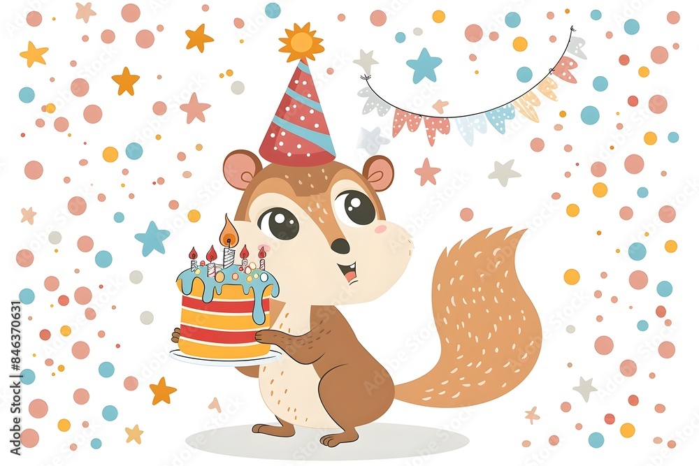 Adorable Chipmunk Celebrating Birthday with Cake and Party Hat Adorable Chipmunk Celebrating Birthday with Cake and Party Hat