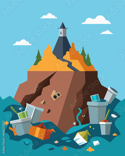 The excess waste had caused the landfill to become unstable with cracks and holes forming in the surface posing a threat to anyone working or living nearby.. Vector illustration