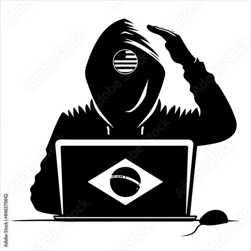 Hackers in a black hood icon. Cybercriminal at a laptop. Process of stealing user personal data. Internet phishing. Hackers attack.