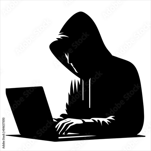 Hackers in a black hood icon. Cybercriminal at a laptop. Process of stealing user personal data. Internet phishing. Hackers attack.