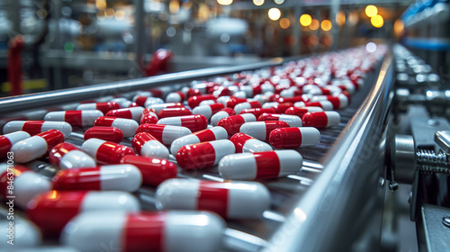 Red and white capsules medical pills on a production tape in a factory