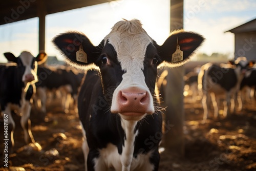 cows on the farm. rural area, herd of cattle in a cowshed. livestock.