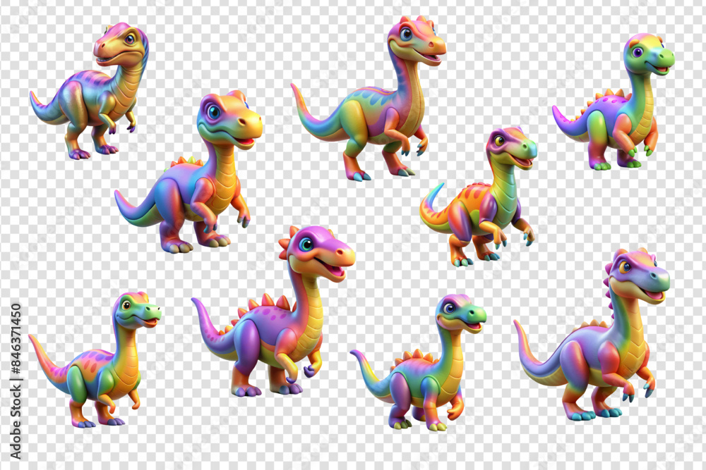 Obraz premium Collection colorful dinosaurs. Set colorful dinosaurs, transparent background, png, dinosaurs vector.