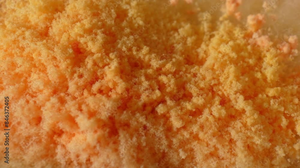 A close-up reveals clusters of mold on bread, showcasing a gradient of orange and yellow hues, signifying various growth stages. Its fuzzy texture epitomizes a thriving fungal colony. Mold background. A close-up reveals clusters of mold on bread, showcasing a gradient of orange and yellow hues, signifying various growth stages. Its fuzzy texture epitomizes a thriving fungal colony. Mold background.