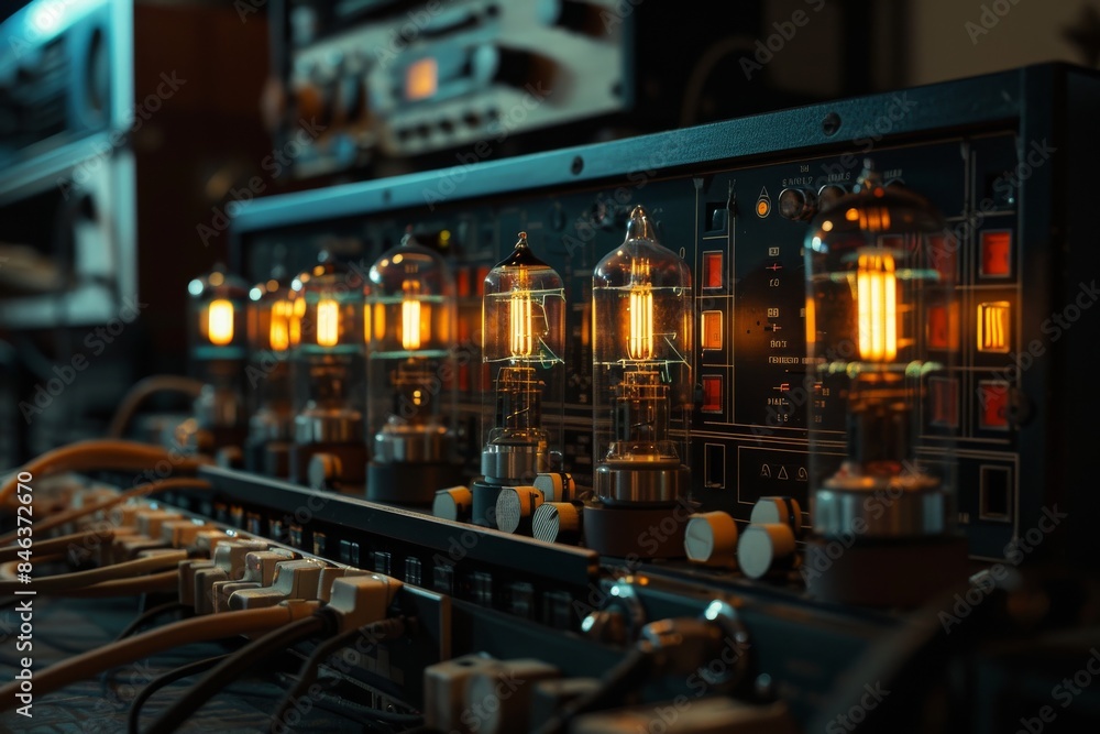 Radio deck with glowing tubes and analog meters in a dark room Radio deck with glowing tubes and analog meters in a dark room