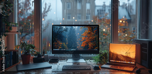 Cozy view from window raining outside behind monitor next to the monitor on the right side is a laptop stand. Generative AI.