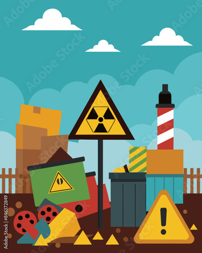 Signs posted along the perimeter of a dump warn of the dangers of trespassing as the site is filled with unstable toxic materials.. Vector illustration