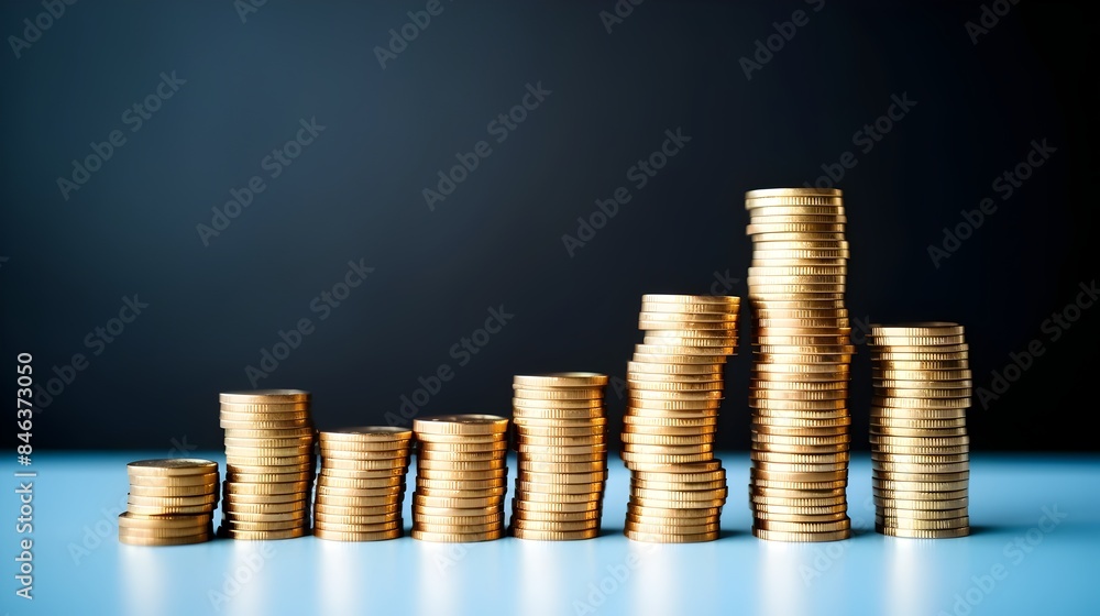 Upward Financial Investment in Business with Coin Stacks and Vibrant Blue Background Upward Financial Investment in Business with Coin Stacks and Vibrant Blue Background