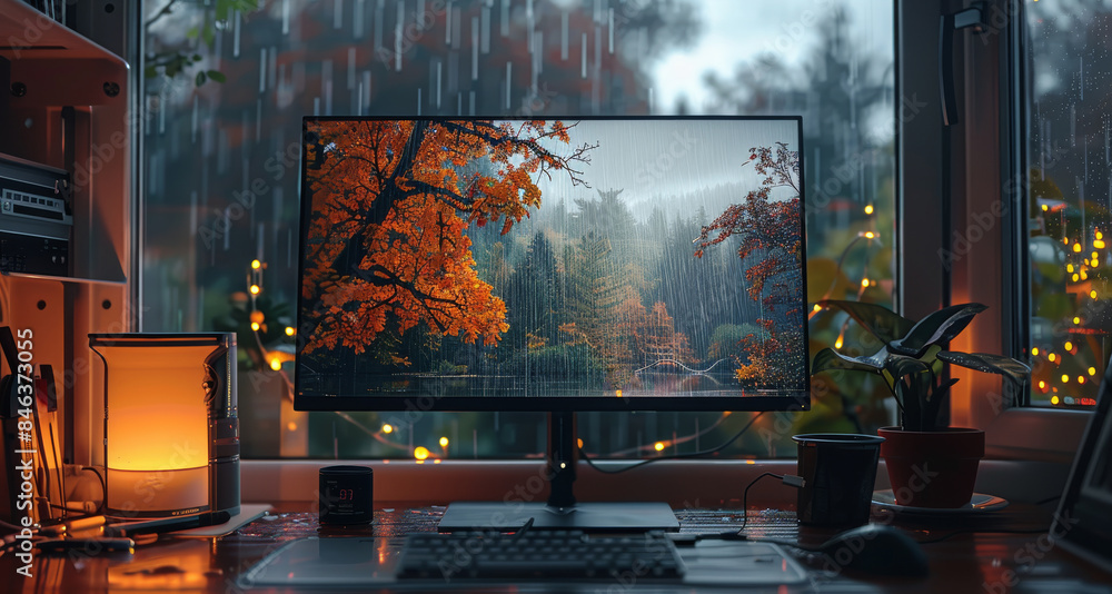 Cozy view from window raining outside behind monitor next to the monitor on the right side is a laptop stand. Generative AI. Cozy view from window raining outside behind monitor next to the monitor on the right side is a laptop stand. Generative AI.