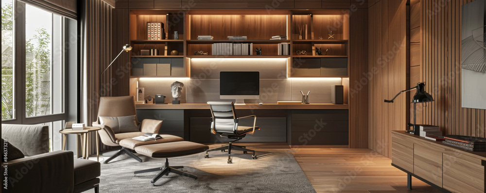 Modern home office with large window, desk, and comfortable chair. Modern home office with large window, desk, and comfortable chair.
