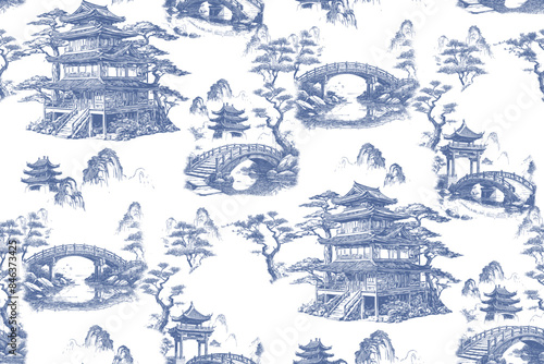 Seamless pattern of asian houses and landscapes. In style Toile de Jou. Suitable for fabric, wrapping paper and the like