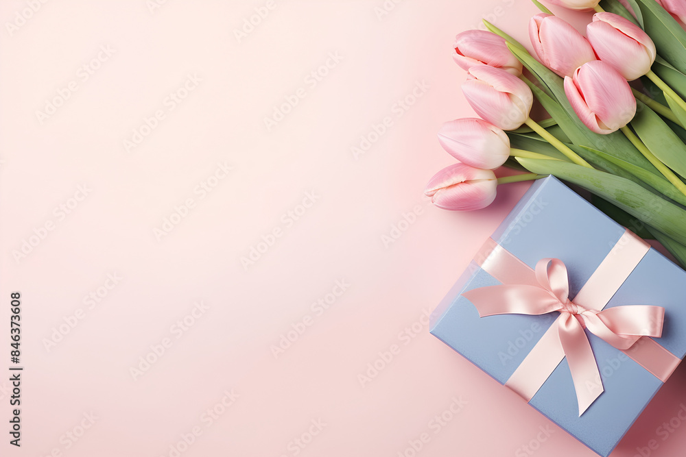 Mother's Day decorations concept. Top view photo of blue giftbox with ribbon bow and bouquet of pink tulips on isolated pastel pink background with copyspace Mother's Day decorations concept. Top view photo of blue giftbox with ribbon bow and bouquet of pink tulips on isolated pastel pink background with copyspace