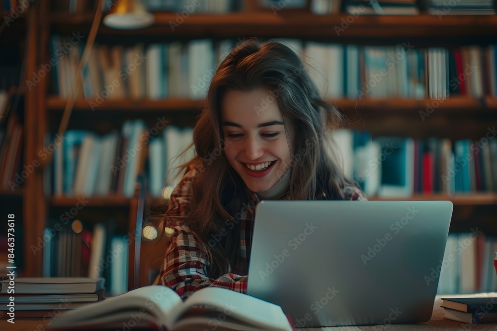 Delighted College Student Studying at Desk with Laptop in Cozy Bookish Setting Delighted College Student Studying at Desk with Laptop in Cozy Bookish Setting