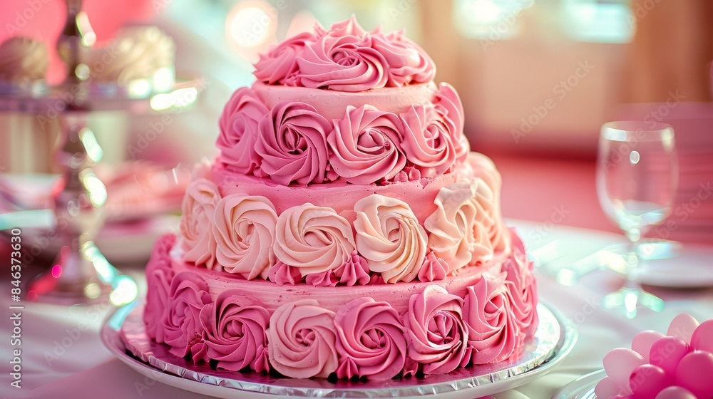 A three-tiered pink cake sits atop a table Nearby, a wine glass rests, while another glass is placed atop a white tablecloth A three-tiered pink cake sits atop a table Nearby, a wine glass rests, while another glass is placed atop a white tablecloth