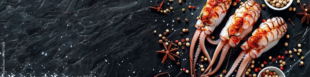 squid with spices. Seafood on a background of black stone. View from above. space for copying. squid with spices. Seafood on a background of black stone. View from above. space for copying.