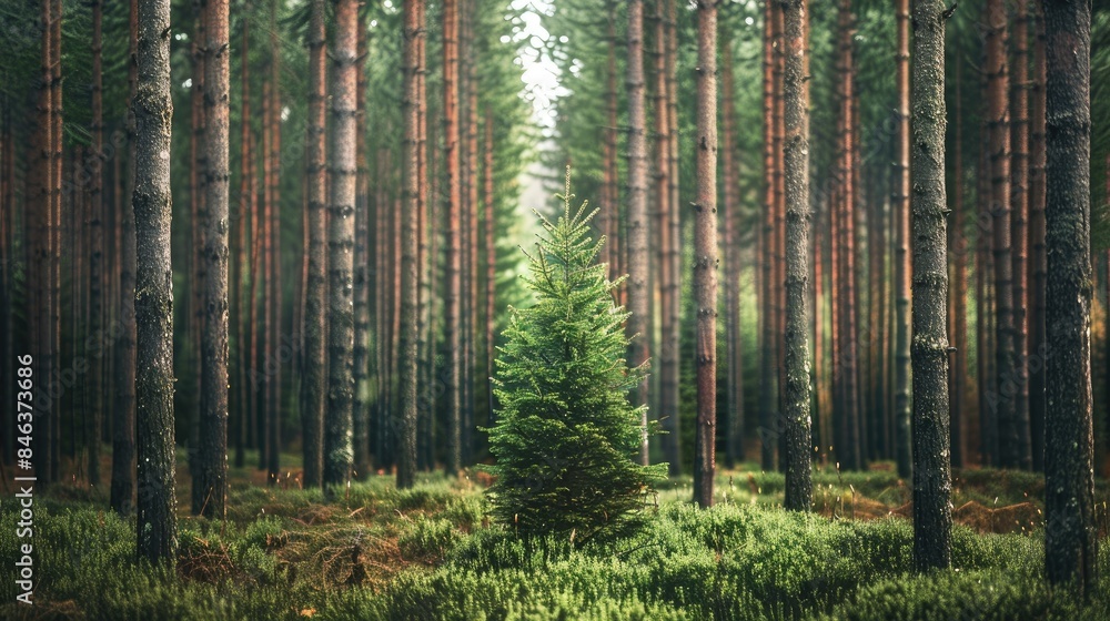 Fototapeta premium Pine forest consisting of multiple pine tree trunks with a lone fir tree standing in the middle