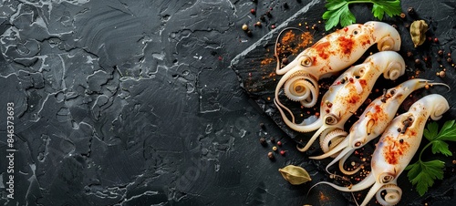 squid with spices. Seafood on a background of black stone. View from above. space for copying. 