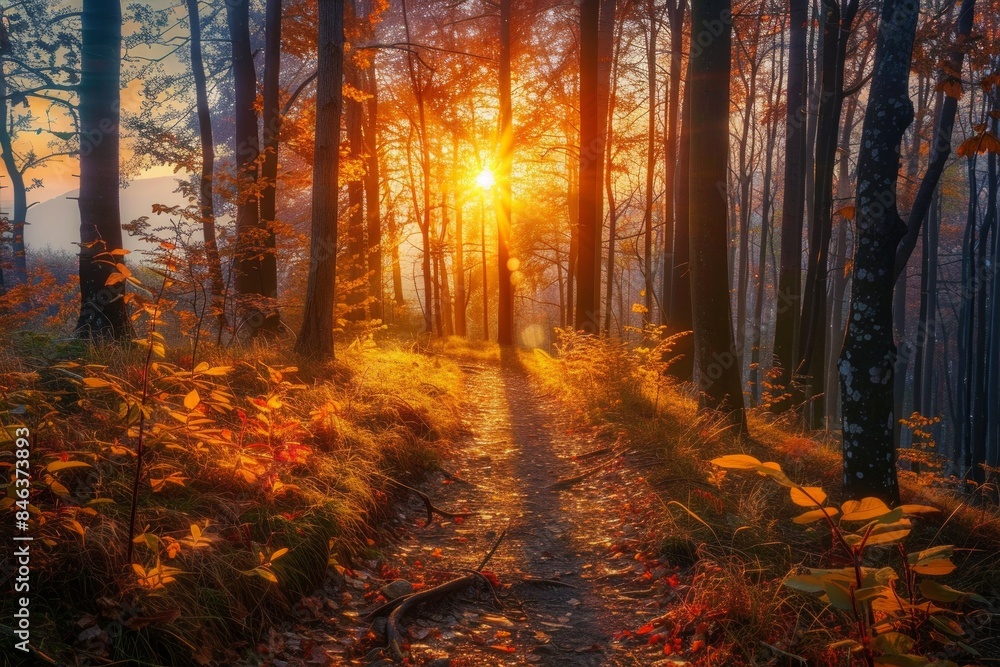 Obraz premium Beautiful Autumn Forest with Sunlit Path: A Captivating Scene of Nature's Tranquility at Sunset