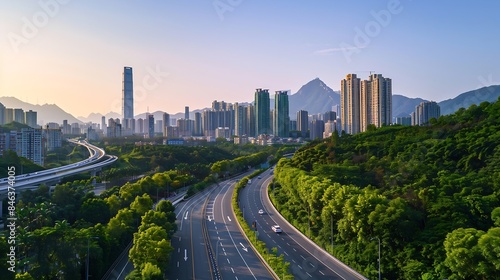 Asphalt highway road and city skyline with green mountain scenery in Shenzhen Panoramic view : Generative AI