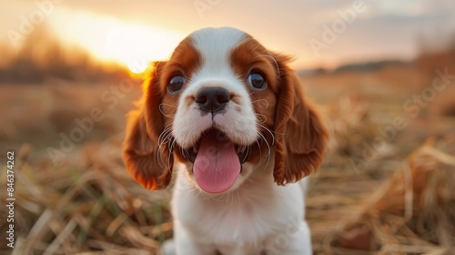  A brown-and-white dog sits atop a dry grass field Nearby, a tall grass expanse stretches The sun sets behind, casting long shadows A dog with an © Viktor