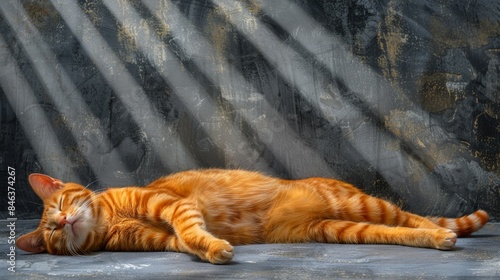  An orange-and-white cat rests on a floor Nearby, a black and gray wall stands still Behind the feline, a black-and-white striped wall stret photo