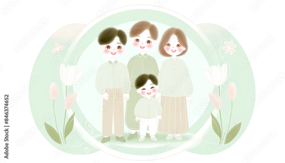 A charming happy family featuring a mother, father and child. All smiling and embracing each other. Design. A charming happy family featuring a mother, father and child. All smiling and embracing each other. Design.