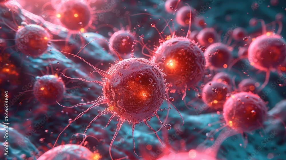 Chemotherapy drug molecules interacting with cancer cells, causing cell death Chemotherapy drug molecules interacting with cancer cells, causing cell death