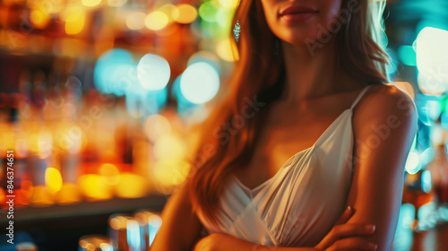 Young Woman in Summer Dress at Bar. A young woman wearing a stylish summer dress stands confidently in front of a vibrant bar setting. 