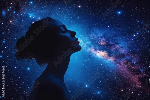 Silhouette of a woman against a vivid cosmic background, symbolizing connection with the universe and the mysteries of the night sky. © Ai-Pixel