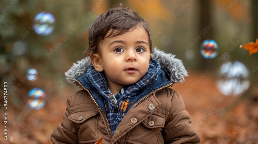 A small boy, standing in the grass, gazes up at the sky with bubbles in hand and a surprised expression A small boy, standing in the grass, gazes up at the sky with bubbles in hand and a surprised expression