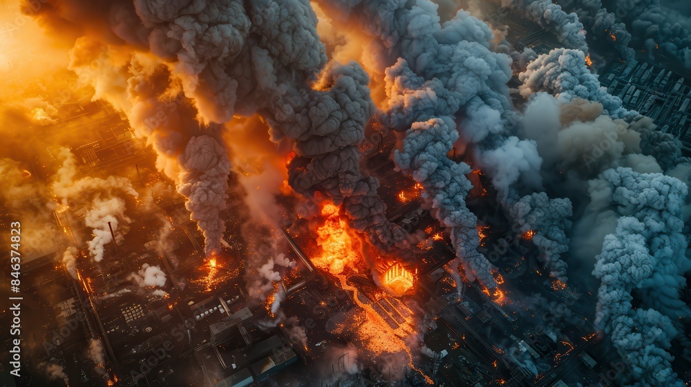 Aerial view of a massive urban fire, with towering smoke and intense flames engulfing buildings and darkening the sky. Aerial view of a massive urban fire, with towering smoke and intense flames engulfing buildings and darkening the sky.