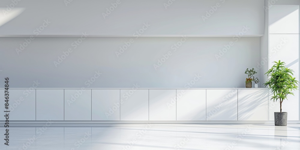 A spacious and empty modern minimalist room featuring white cabinets for storage, a single potted plant for a touch of nature, and large windows letting in natural light. A spacious and empty modern minimalist room featuring white cabinets for storage, a single potted plant for a touch of nature, and large windows letting in natural light.