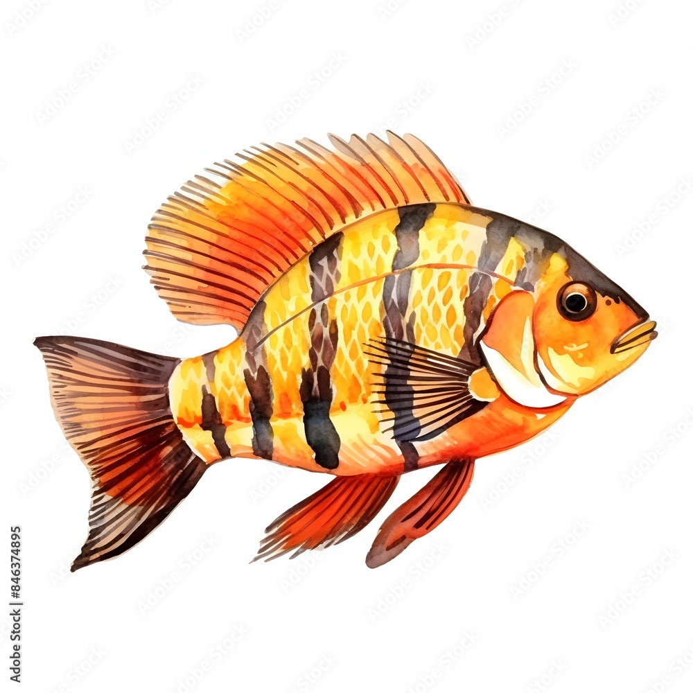 Fototapeta premium Vibrant Watercolor of Striped Tropical Oscar Fish on White Background