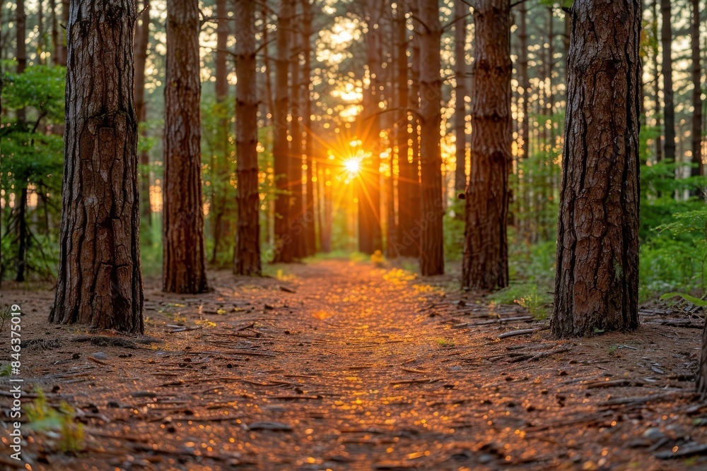 Fototapeta premium Serene forest path illuminated by the warm glow of sunset, surrounded by tall pine trees and lush greenery.